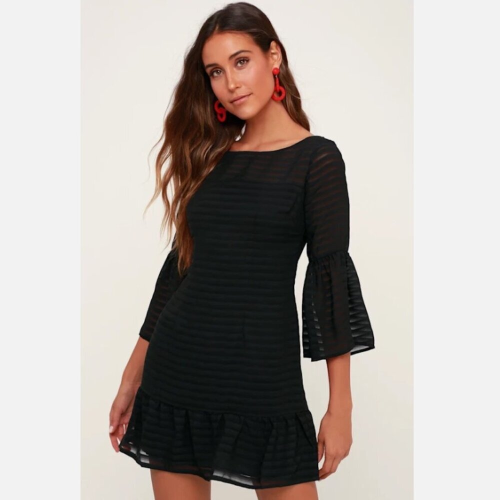 BB Dakota RSVP Night Vision Black Striped Flounce Bell Sleeve Dress Size 10 Mini